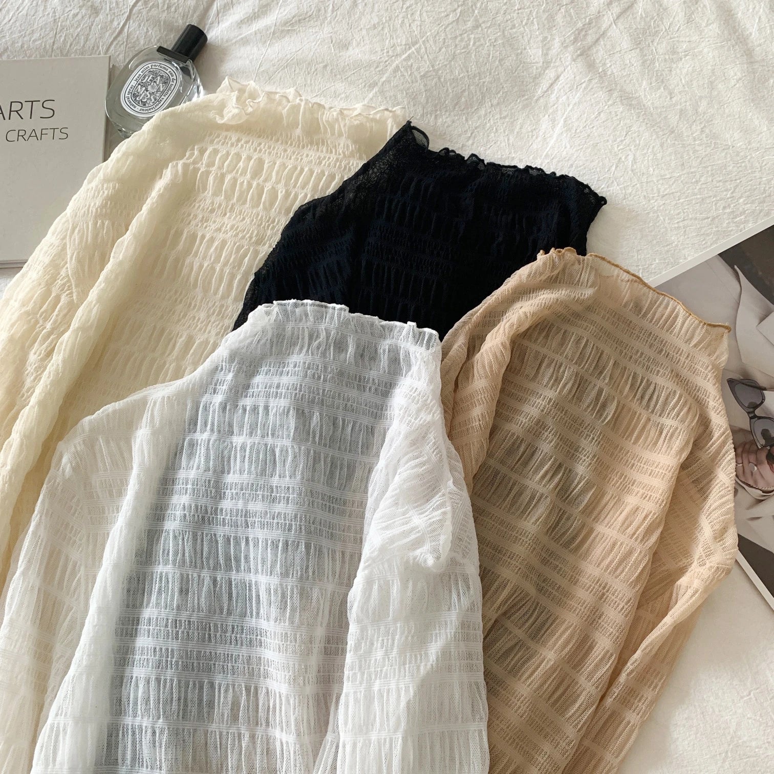 Hnewly Women T-Shirts Vintage Pleat Long SleeveTop Spring Autumn Mesh Fabric Lace Half Turtleneck Korean Fashion All-match Shirt