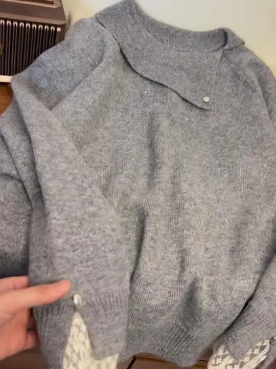 Hnewly  Lace Splicing Sweater Women Spring Autumn Temperament Turndown Collar Grey Knitted Pullover Loose Long Sleeved Soft Warm Top
