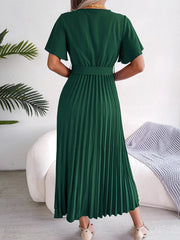 Hnewly  Elegant High Waist Ruffled Sleeve Pleated Maxi Dress, Women's Clothing