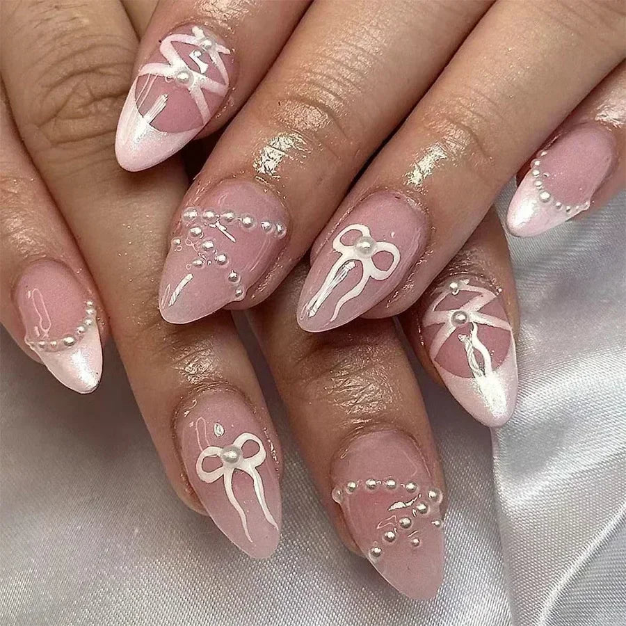 Hnewly 24pcs Detachable Flower Almond bowknot French False Nails Stars Love Glitter Design Press on Nails Fake Nials DIY Manicure Nails