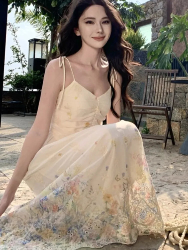 Hnewly Summer French Print Embroidery Women's Dresses 2025 Prairie Chic Elegant V-Neck Pleated Lace-up Long Dress New Fashion Casual