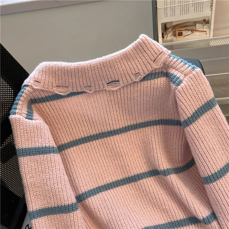 Hnewly  Short Sweater Women's Autumn Winter 2025 New Stripe Hollow Out Fashion Star Letter Knitwear Long Sleeve Top Thicked Pullover