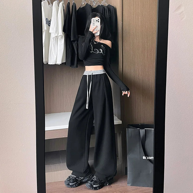 Hnewly  Wide Leg Pants High Waisted Womens Summer Muslin Drawstrings Hollowed Outdoor Slit Stretchy Comfortable Youth Relaxed Trousers