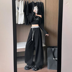 Hnewly  Wide Leg Pants High Waisted Womens Summer Muslin Drawstrings Hollowed Outdoor Slit Stretchy Comfortable Youth Relaxed Trousers