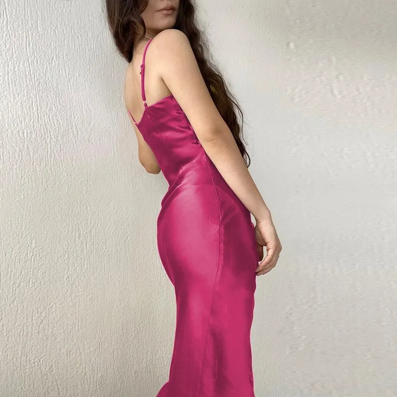 Hnewly Women's Spring New Strap Women's Dress, European and American High end Sexy Spicy Girl, Low cut Satin Split Back