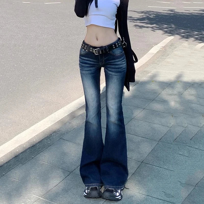 Hnewly  American Vintage Low Waist Jeans Women High Street Y2K Pocket Micro Flared Pants Woman Dark Blue Denim Long Trousers Female
