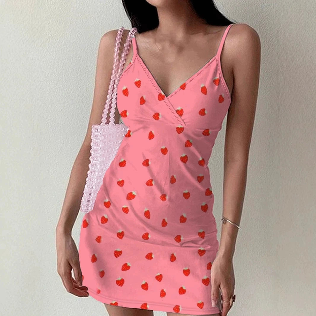 Hnewly  Women's Dress Pure & Sexy Ribbed V-Neck Camisole Dress with Strawberry Print for Lover's Day