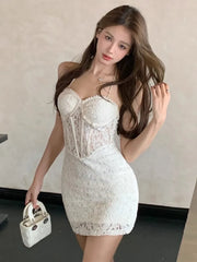 Hnewly  Woman Dress Sexy Sleeveless Lace Patchwork Elegant Backless Slim Summer Fashion Party Mini Dresses Female Clubwear