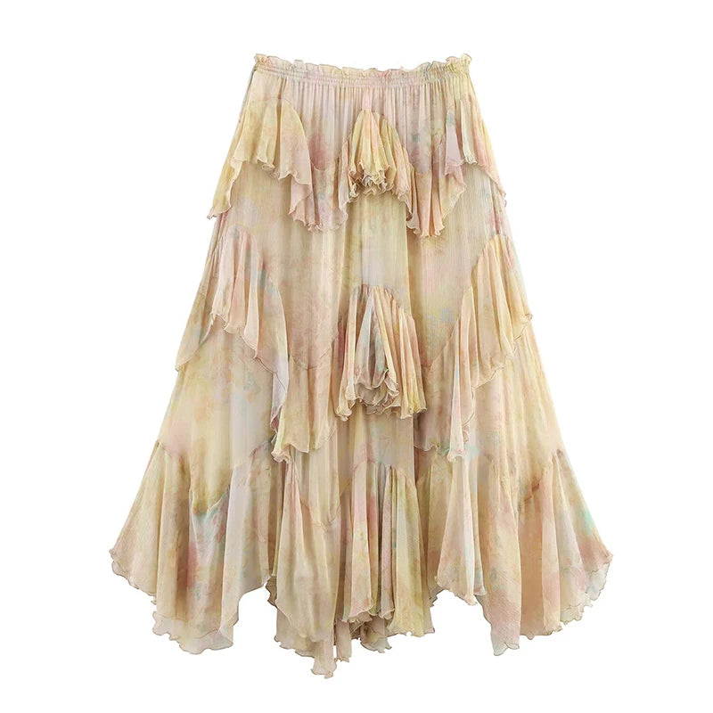 Hnewly  Ruffle Hem Women's Skirt Printing Flower Irregular Ankle-length Female Skirts Summer Vacation Fashion Elegant Lady Skirt