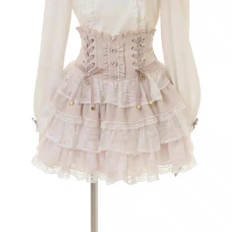 Hnewly  Japanese High Waist Drawstring Slim Cute Sweet Lolita Skirt Women Multi-Layer Lace Bow Cake Skirts Summer Pleated Skirt
