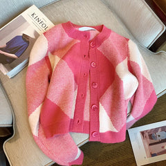 Hnewly  Pink Sweater Women's Spring Autumn French Vintage Knitted Cardigan Top Long Sleeve O-Neck Single Breasted Versatile Coat