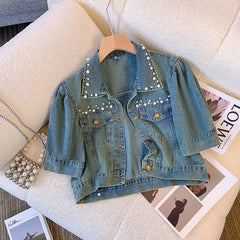 Hnewly  Sweet Nail Bead Short Sleeved Denim Jacket Women Summer Thin Style 2025 New Casual Single Breasted Shirt  Turndown Collar Top