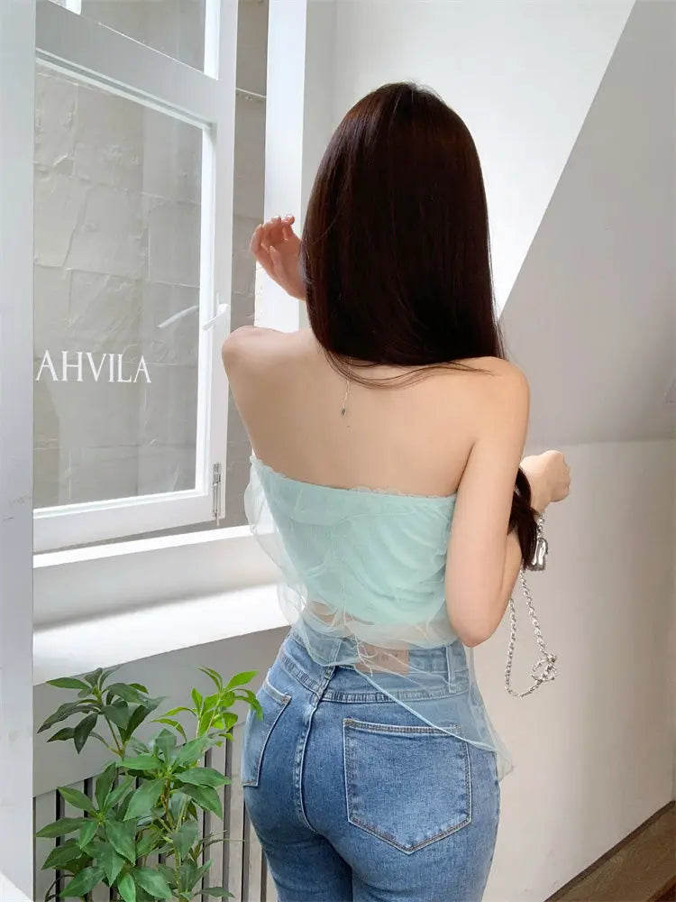 Hnewly Women Gauze Sweet Girl Strapless Korean Style New Crop Tops Ins Summer Slim Fashion Sexy Hot Lady Fit Club Wear Aesthetics