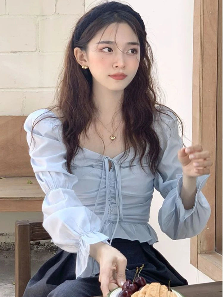 Hnewly Blouses Women French Style Vintage Spring Flare Sleeve Design Aesthetic Clothing Bandage Navel Crop Top Camisa De Gasa Fashion