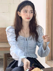 Hnewly Blouses Women French Style Vintage Spring Flare Sleeve Design Aesthetic Clothing Bandage Navel Crop Top Camisa De Gasa Fashion