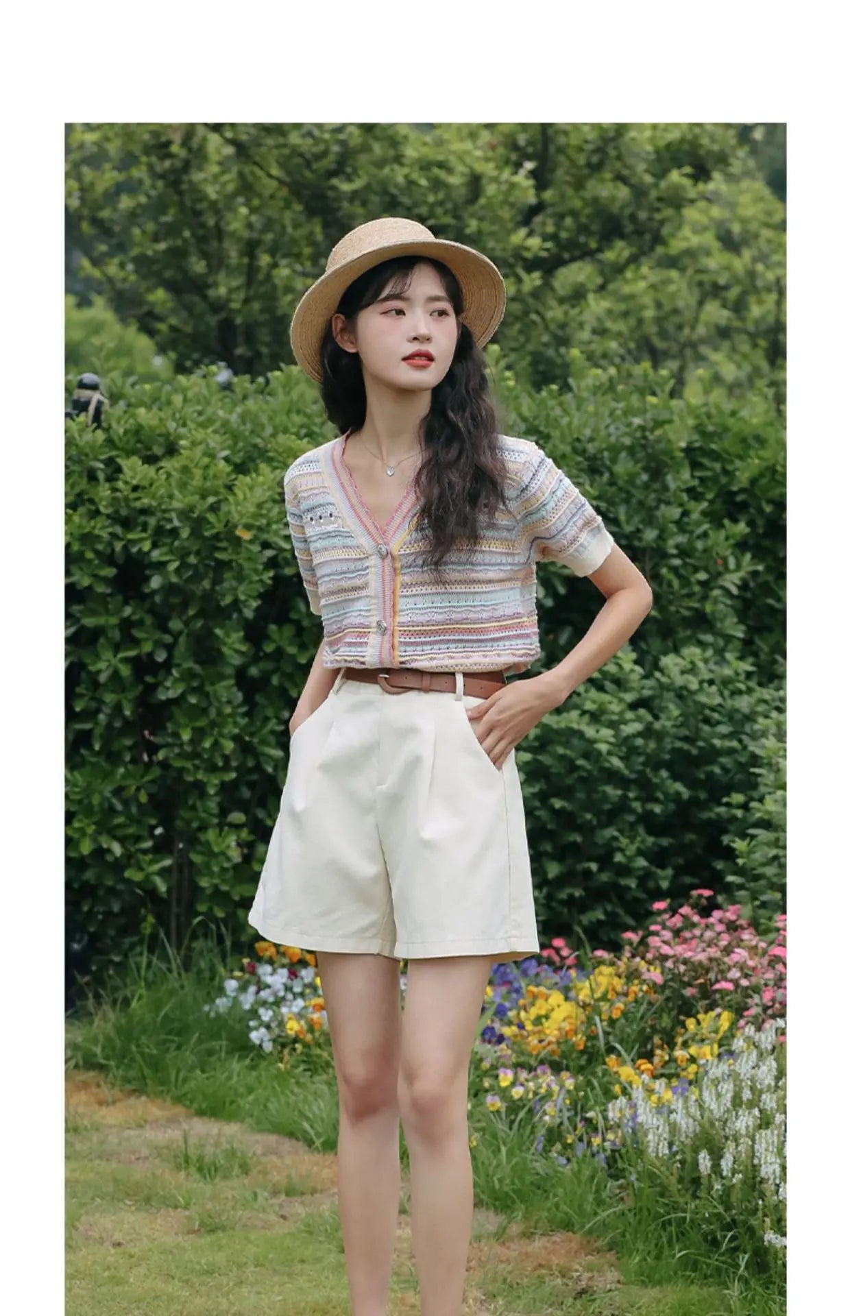 Hnewly Rainbow Striped Knitted Sweater For Women's 2025 Summer New  Thin Short Sleeved V-neck Hollow Out Holiday Sun Protection Top