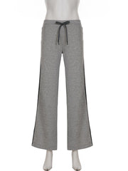 Hnewly  Women's Basic Striped Contrast Color Drawstring Pants Casual Low Rise Full Length Straight Leg Street Style Trousers