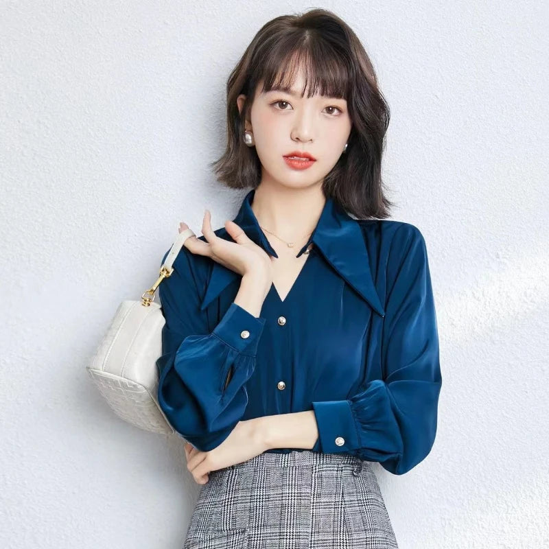 Hnewly Casual Shirts Women Fashion Romantic Solid Soft V-Neck Streetwear Spring All-match Hollow Out Retro European Style Simple Design