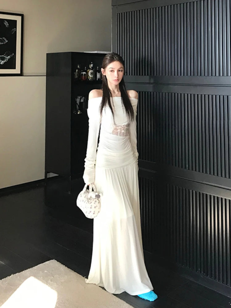 Hnewly French Elegant 2 Piece Skirts Sets Women Korean Clothing Y2k Crop Top T-shirts + Midi Skirts Thin Vintage Suits Office Lady Chic