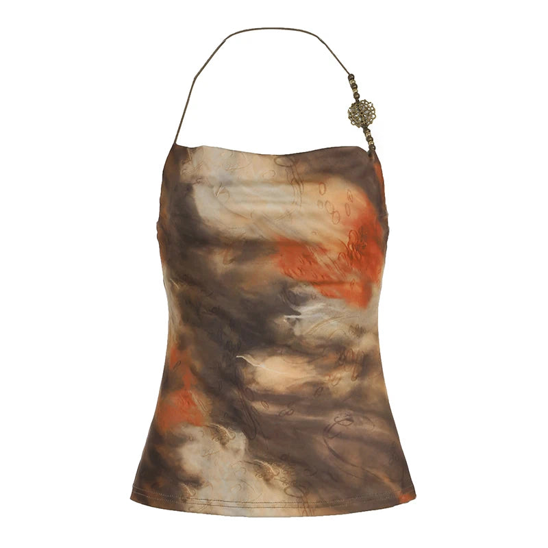 Hnewly Grunge y2k Halter Crop Top Women Vintage 2000s Tie Dye Sleeveless Tank Tops Summer Retro Print Vest Ladies Tees Aesthetic