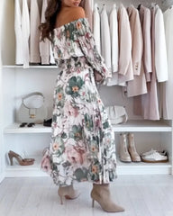 Hnewly  Stylish Off - the - Shoulder Two - Piece Outfit: Long - Sleeve Flare Sleeve Shirred Top with High - Slit Floral Maxi Skirt