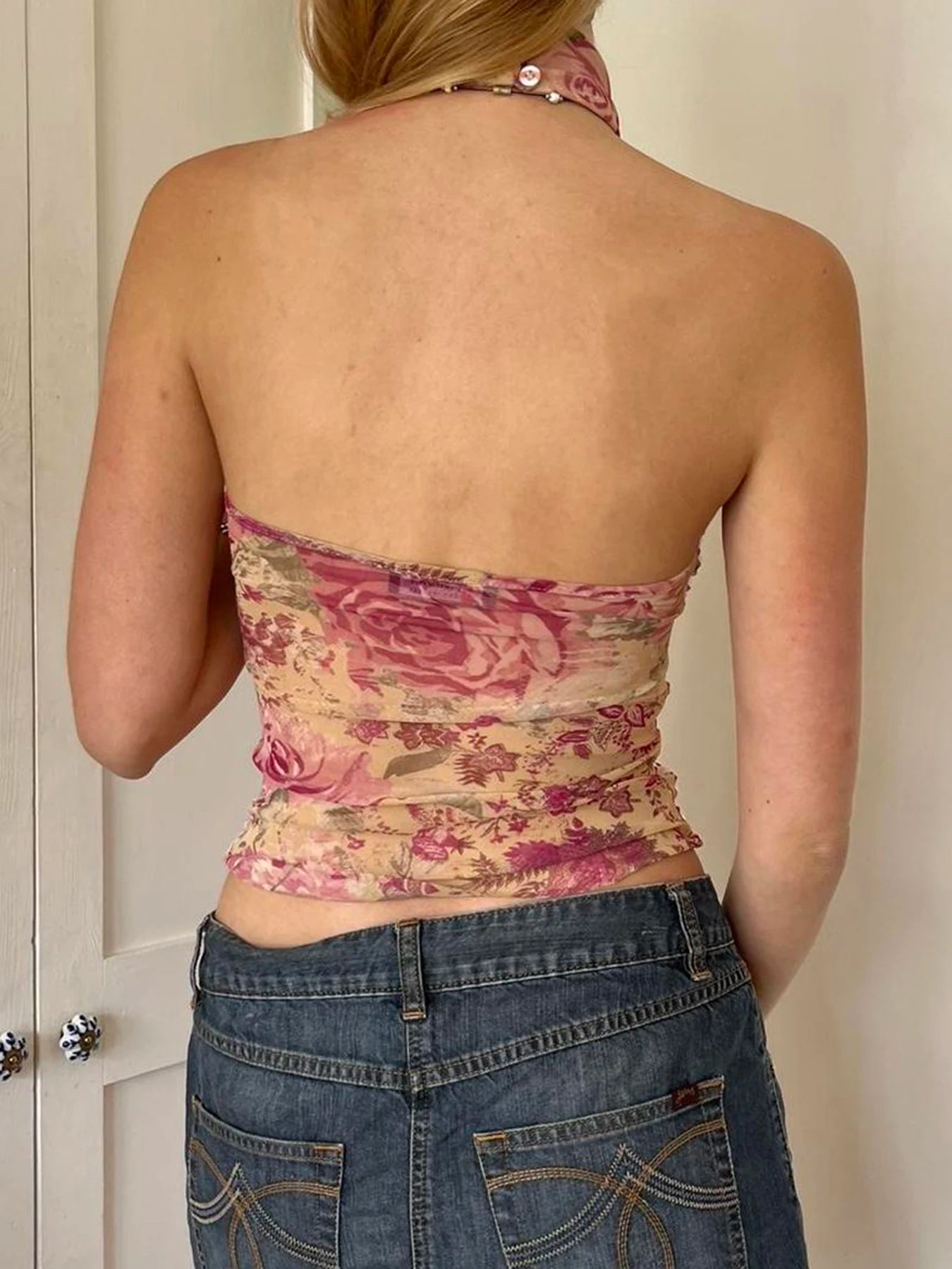Hnewly Vintage Floral Halter Crop Top Sexy Slim Backless O-Neck Sleeveless Tank Tops Women 2024 Summer Fashion Streetwear Lady