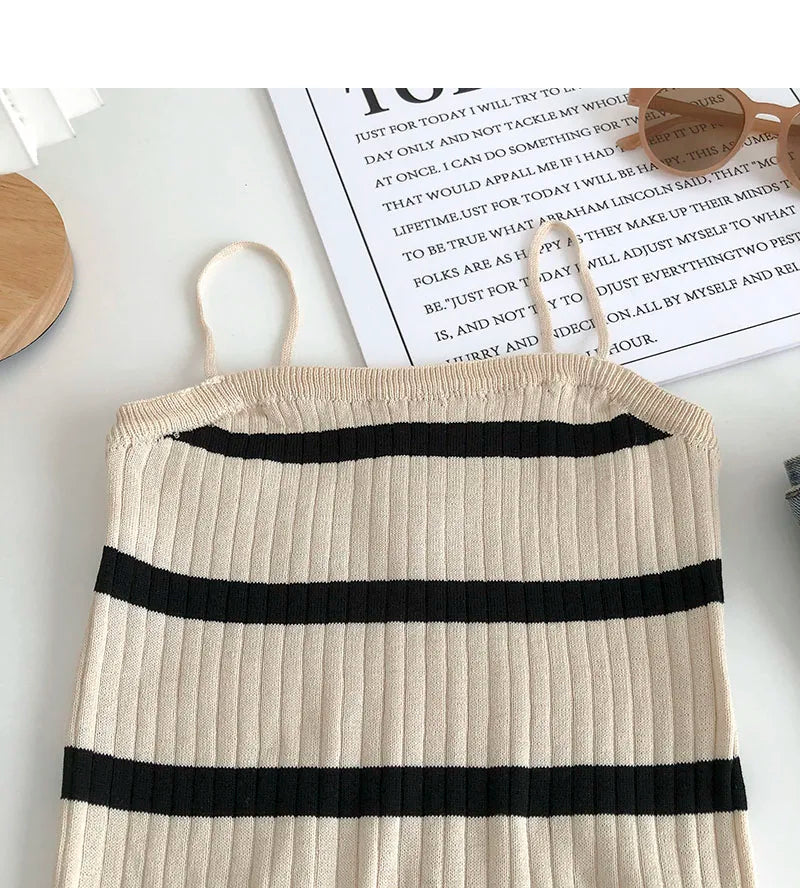 Hnewly  Women's Striped Knitting Cardigan Single Breasted Long Sleeved Sweater+Spaghetti Straps Vest Spring Autumn Korean Top 2pcs