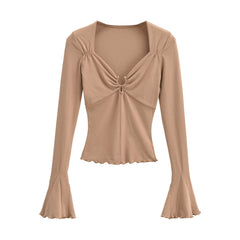 Hnewly  Long sleeve tops woman Summer outfit woman kawaii clothes t shirt for women flare sleeve top ruched t-shirts front ring