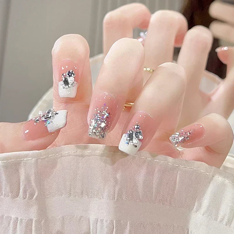 Hnewly 24pcs Detachable Short Press on Nails Y2k rhinestone False Nails with Glue Ballet Sweet Cool Girls Artificial False Nails Tips