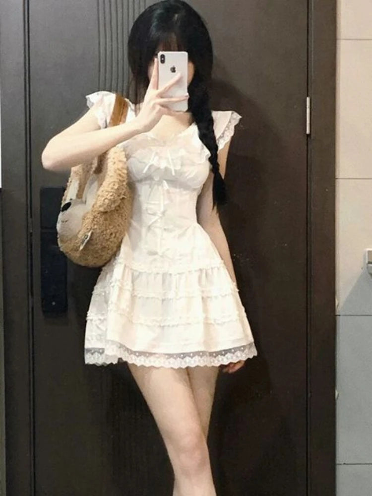 Hnewly Y2k Coquette White Lolita Sweet White Kwaii Cute Mini Dress Women Lace Bow Princess Slip Lace Short Dresses 2024 Fashion