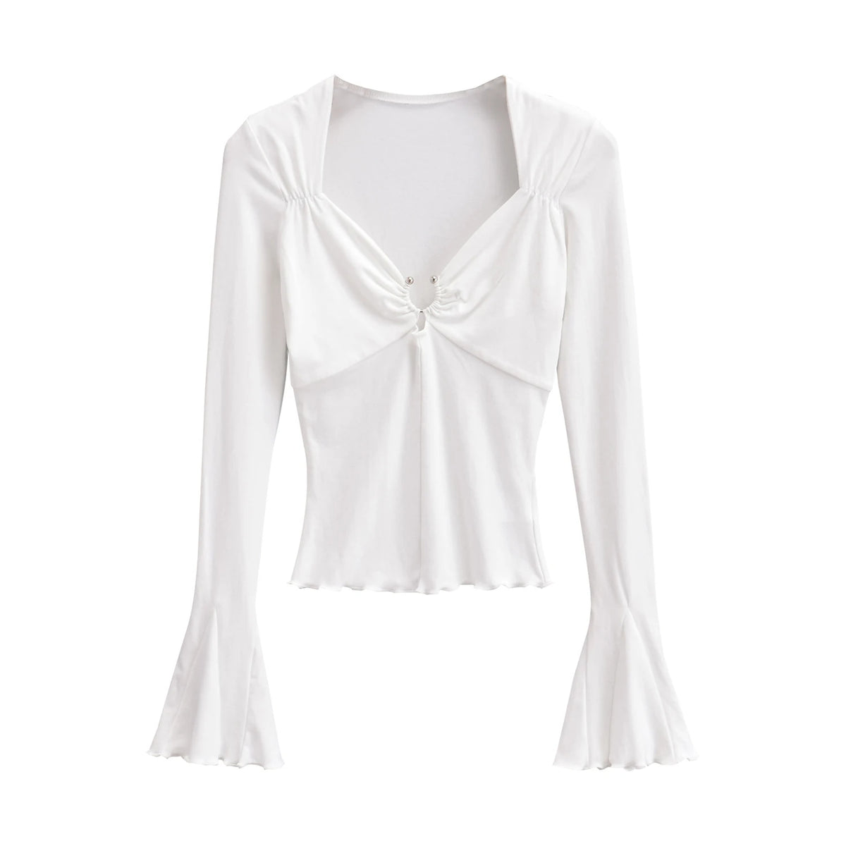 Hnewly  Long sleeve tops woman Summer outfit woman kawaii clothes t shirt for women flare sleeve top ruched t-shirts front ring