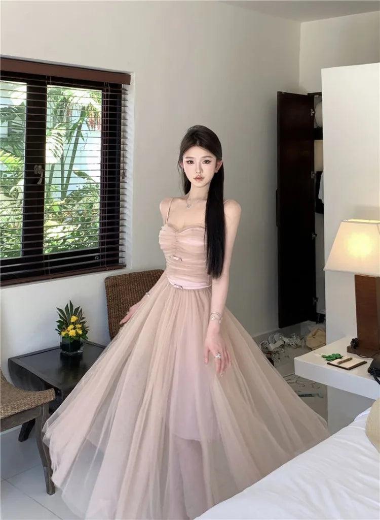 Hnewly  Woman Dress Bow Sleeveless Slash Neck Mesh Patchwork Princess Sweet Elegant Summer Fashion Party Dresses Female
