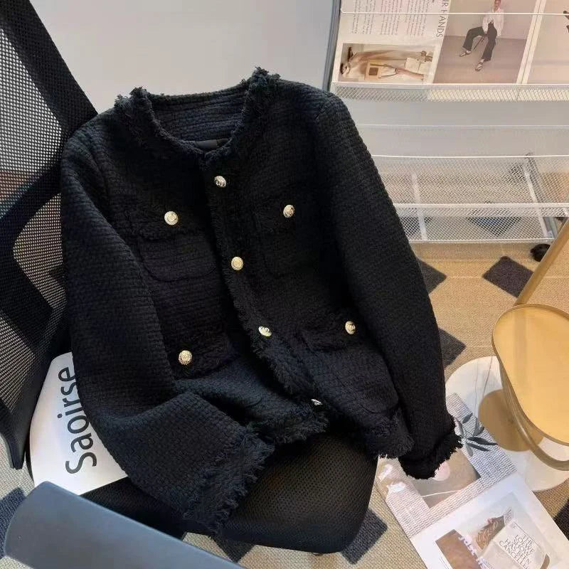 Hnewly Fashion Tweed Jacket Women Winter Thick Warm Single Breasted O Neck Coats Korean Elegant Office Lady All Match Outwear Mujer New