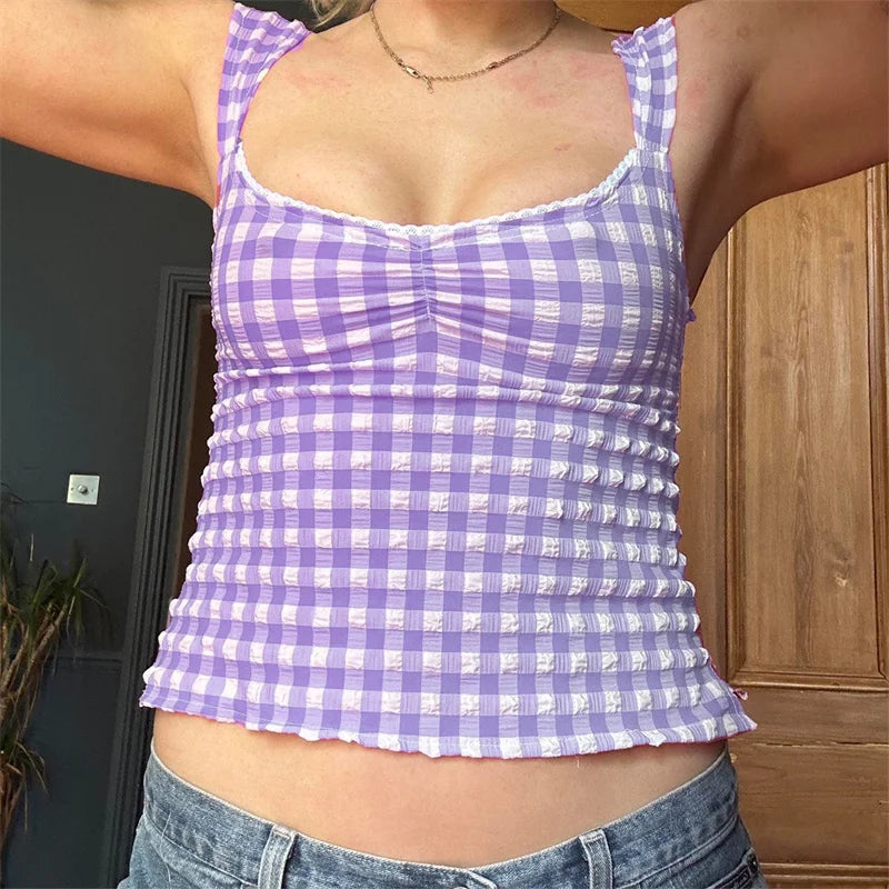 Hnewly y2k Tops for Women Summer Fairycore Clothing Plaid Print Lace Trim Sleeveless Tanks T Shirts 2000s Clothing Streetwear