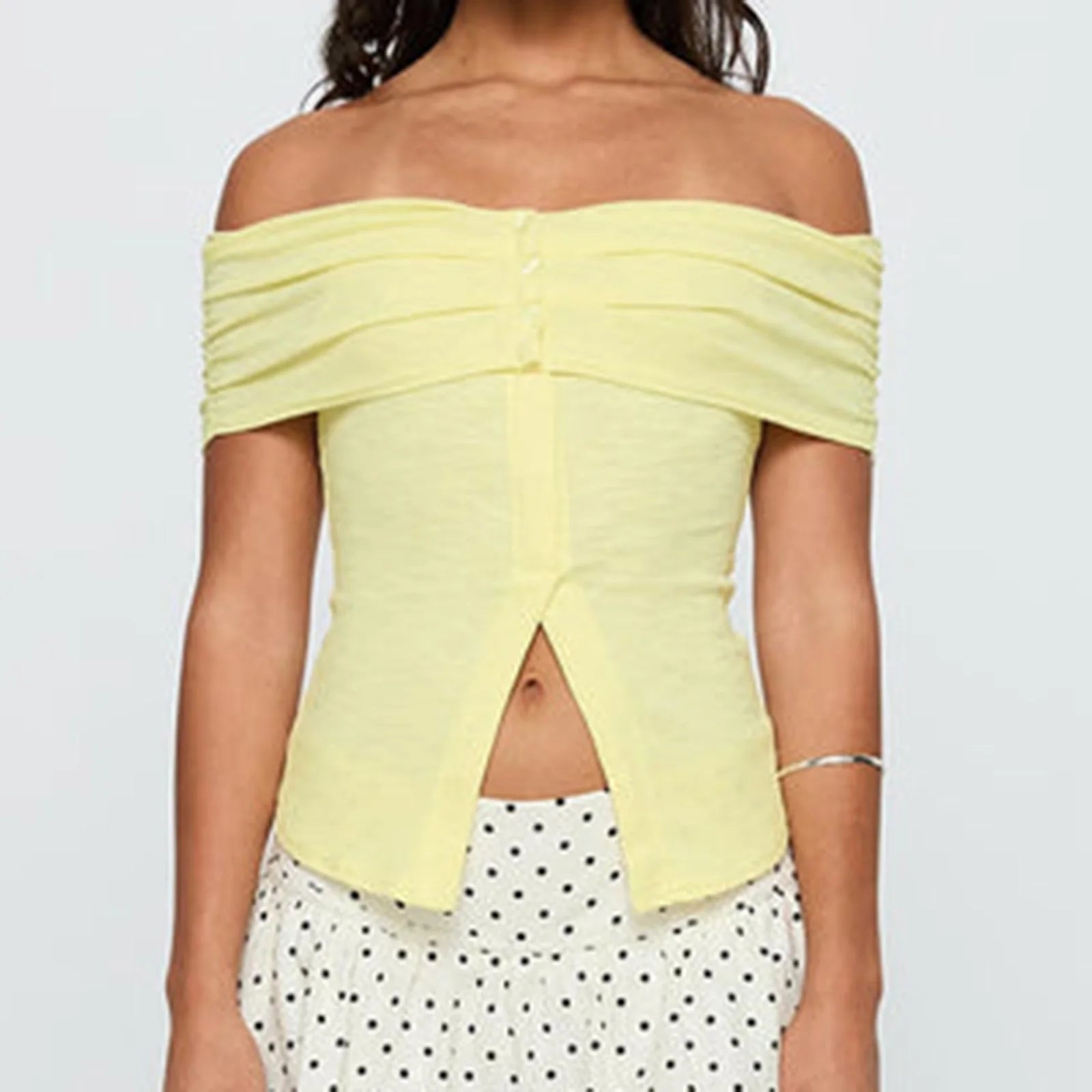 Hnewly Summer Off Shoulder Tops y2k Women Clothes Solid Color Short Sleeve Button Up Slit T Shirts 2000s Clothing Streetwear