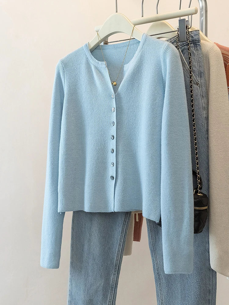Hnewly Blue Knitted Cardigan Sweater Women's French Autumn  Winter Soft O-neck Single Breasted Outwear Elegant Long Sleeved Slim Top
