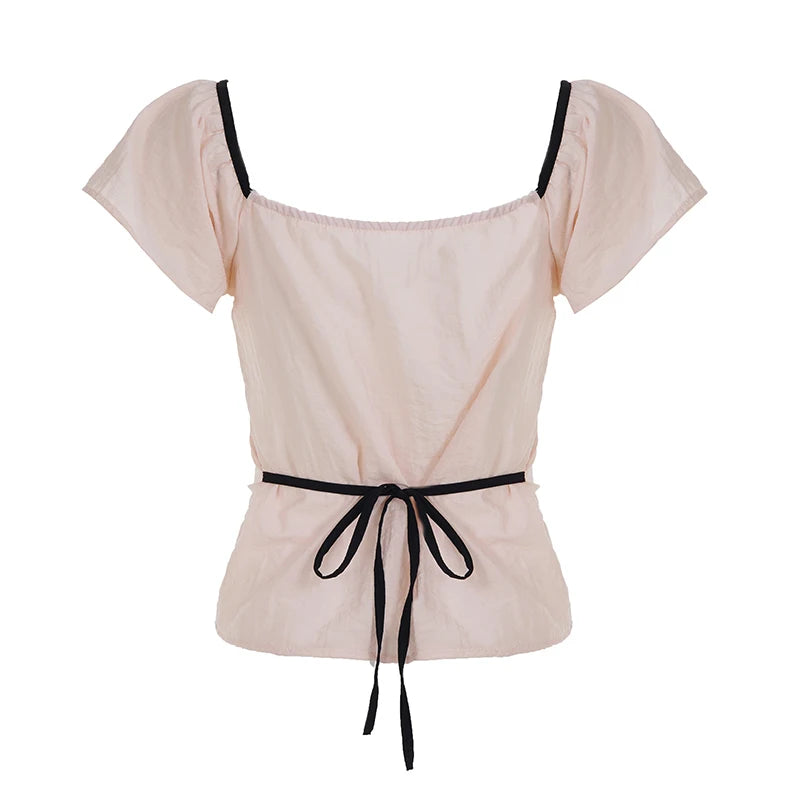 Hnewly Fashion Sweet Patchwork Women T-Shirts Y2k Bow Bandage Korean Style V-Neck Slim Fit Blouses