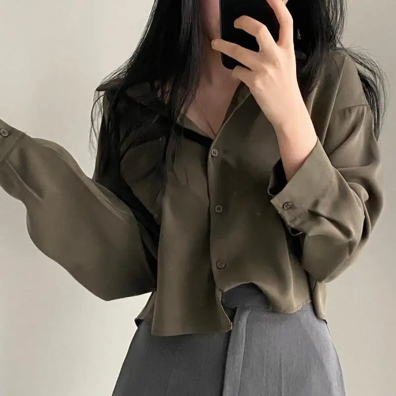 Hnewly Shirts Women Korean Style Vintage Fashion Turn-down Collar All-match Design Single Breasted Crop Top BF Ladies Harajuku Leisure