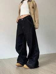 Hnewly  Grunge Black Jeans Women Y2k Vintage Oversized High Street Wide Cargo Denim Trousers Casual Baggy Straight Denim Pants