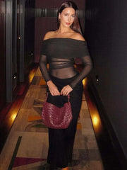 Hnewly  Weird Puss Slash Neck Dress Women Chic Elegant Sexy Patchwork Mesh Ruched Hollow Birthday Party Clubwear  Vacation Vestidos