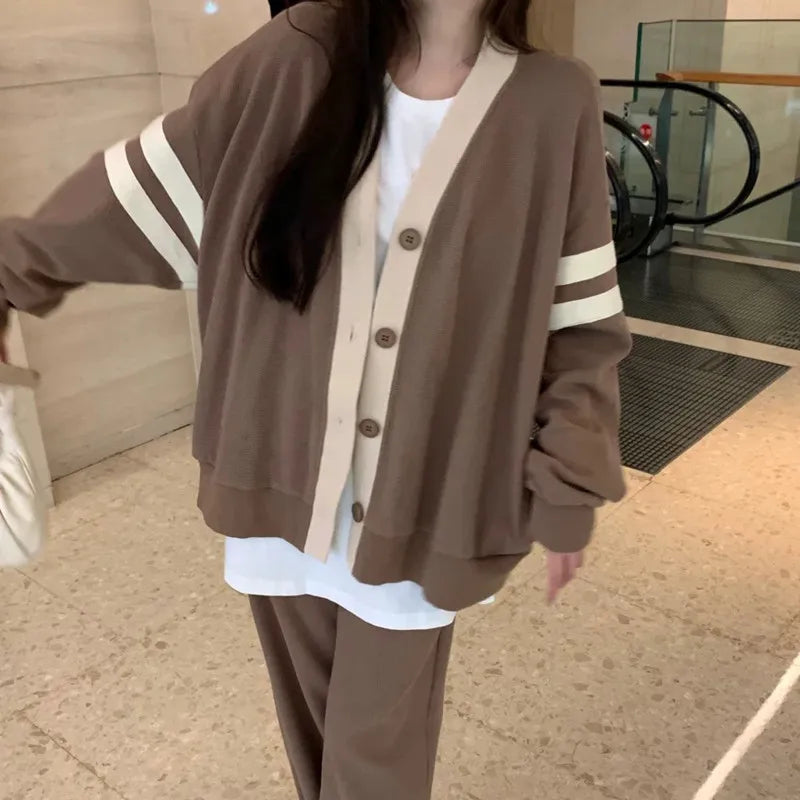 Hnewly  Varsity Cardigan Sweater for Women Long Sleeve V-Neck Button-up Knit Slouchy Cardi Korean School-girl Preppy Fall Winter Outfit