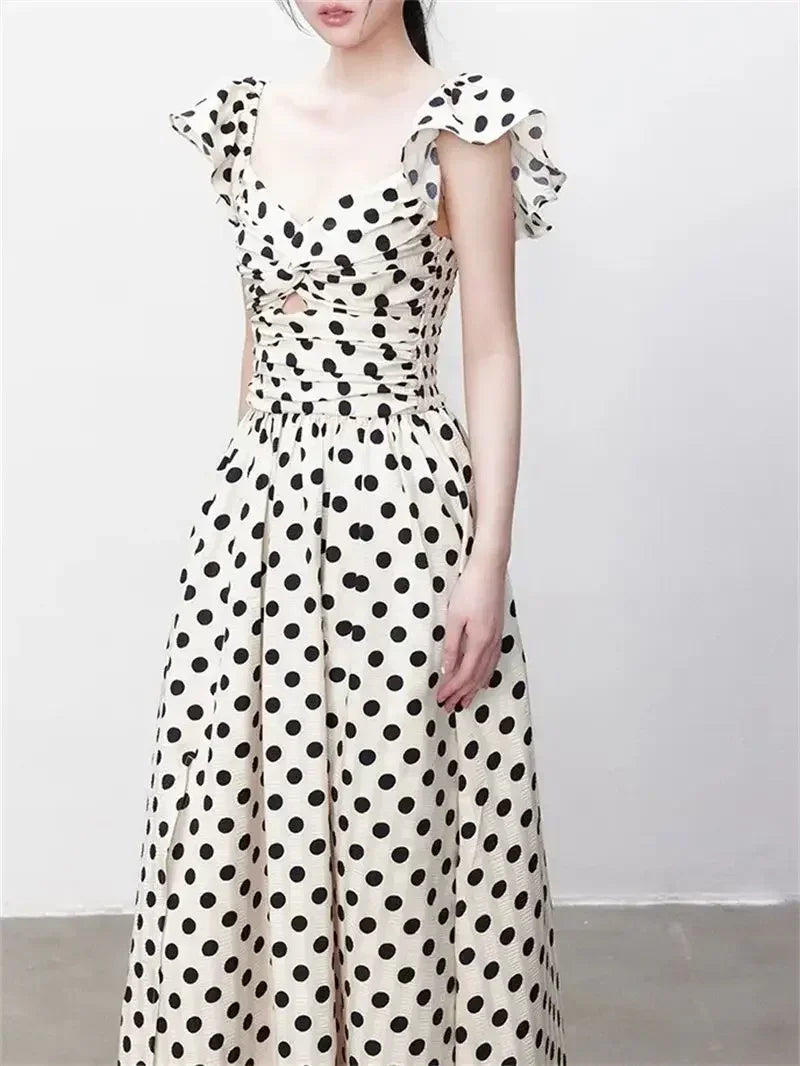 Hnewly  French Elegance Polka Dot Dress New Summer Style Pleated Long Skirt with Waist Slimming and Graceful  the dress black dress white dress