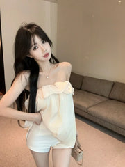 Hnewly  Tank Tops Women Ruffles Ruched Slash Neck Solid Slim Backless Sweet Elegant Camis Sexy Ladies Casual French Style Chic