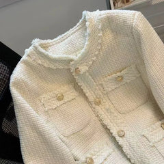 Hnewly Fashion Tweed Jacket Women Winter Thick Warm Single Breasted O Neck Coats Korean Elegant Office Lady All Match Outwear Mujer New