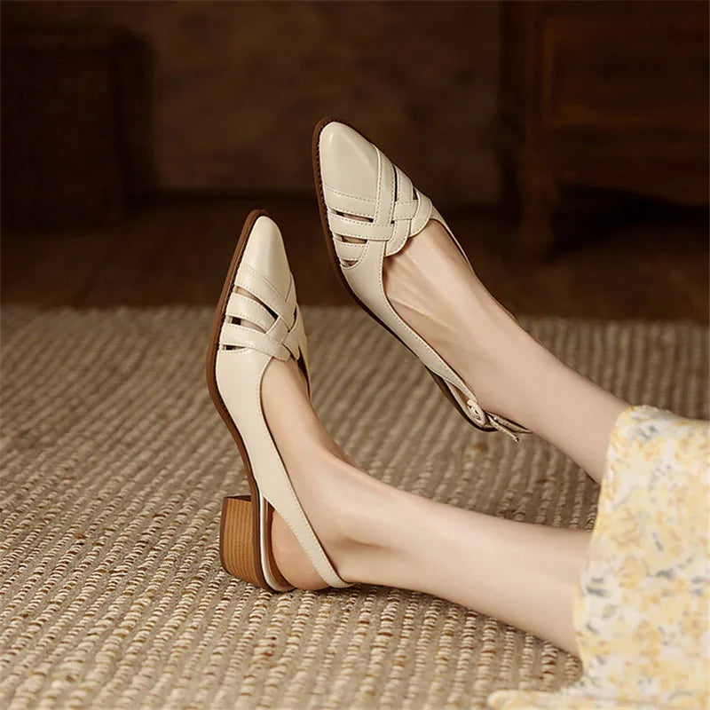 Hnewly Summer Sandals Genuine Leather Sandals Casual French Retro Pointed Toe Hollow Out GLADIATOR Sheepskin Sandals Thick Heel Shoes
