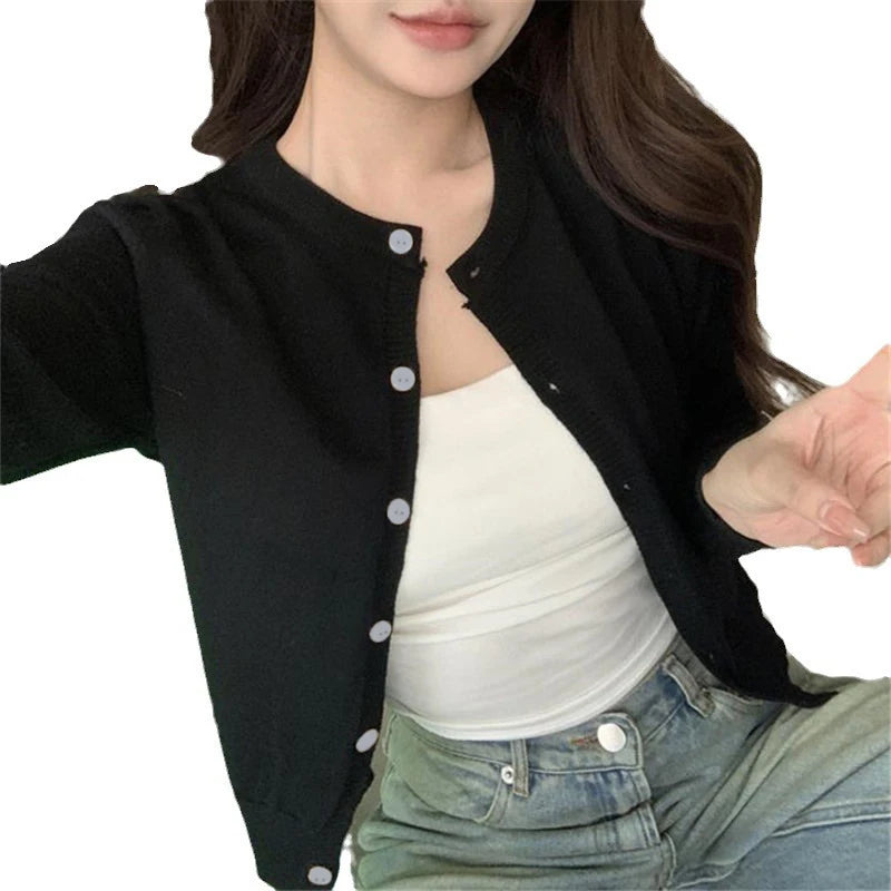 Hnewly Red Cardigan Knit Early Autumn Women Clothes New Outdoor Crop Sweater Outerwear Long Sleeve Top Bottoming Shirt