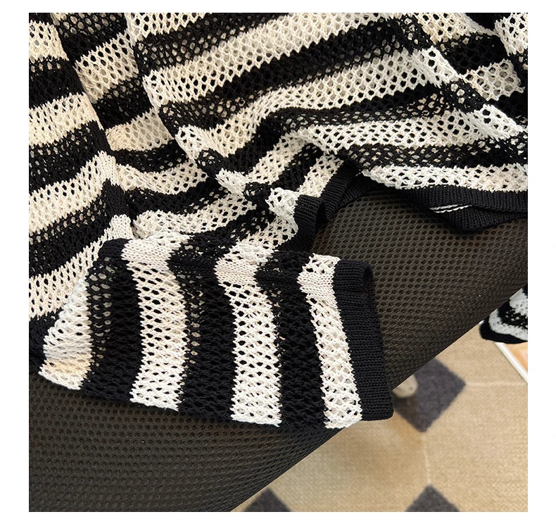 Hnewly Black White Striped Ice Silk Knitted Sweater Women Long Sleeved Loose Lazy Style Mesh Pullover Spicy Girl Hollow Out Top