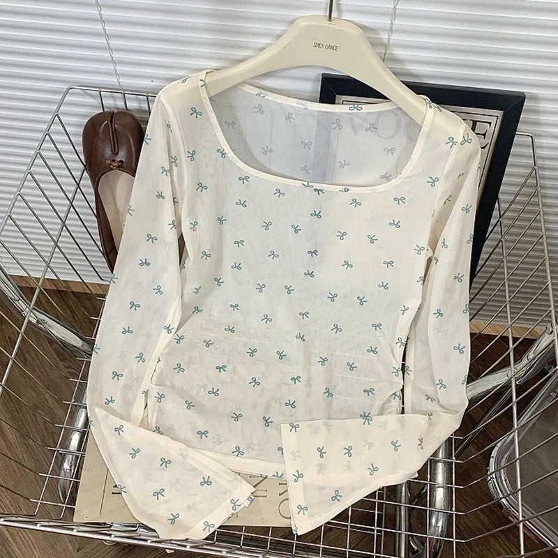 Hnewly Pink Bow Printed Long Sleeved T-shirt Women's Spring  Summer Sun Protection Top Korean Version Round Neck Slim Fit Versatile Tee