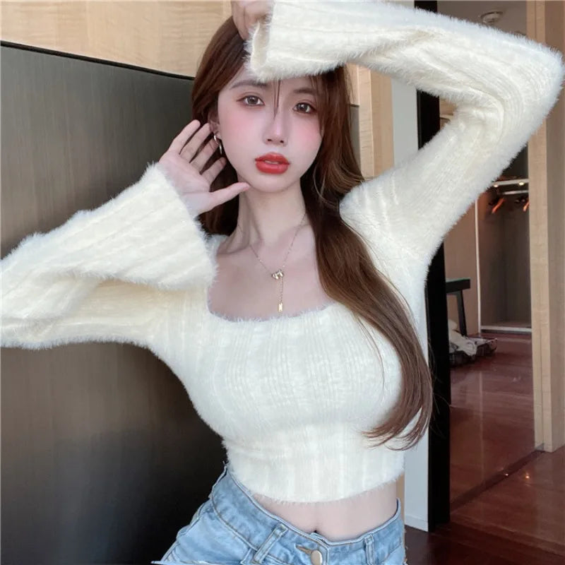 Hnewly Autumn Winter Knitting Crop Tops Women Skinny Sweaters Bottom Shirts Fashion Female Long Sleeve Pullover Casual Knitted Sweater