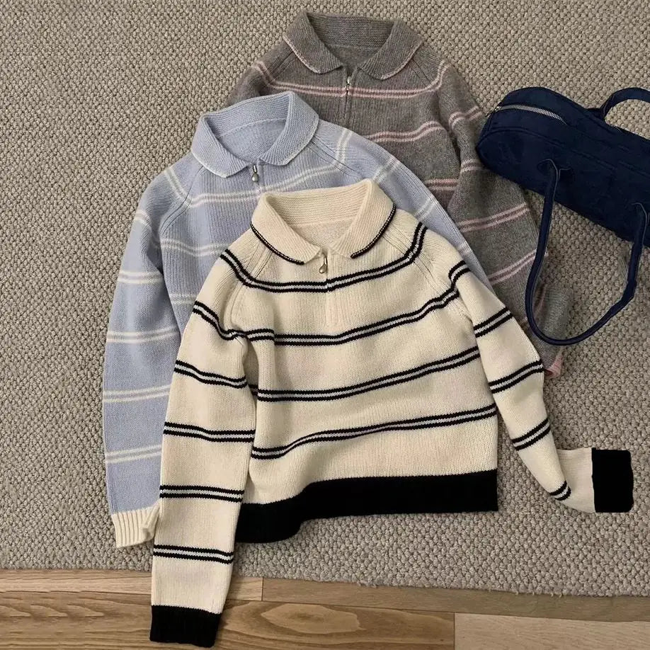 Hnewly  Stripe Short Sweater Women's Korean Style Autumn Winter 2025 New Fashion Contrast Color Knitwear Long Sleeve Pullover Tops